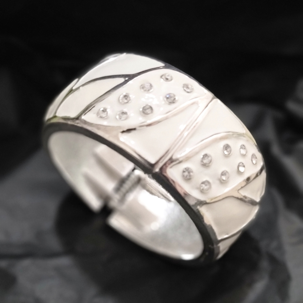 Vintage White Enamel & Rhinestone Clamper Cuff